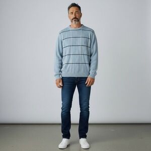 Bill Blass Mens Light Blue Cotton Cable Knit Windowpane Crewneck Sweater XL